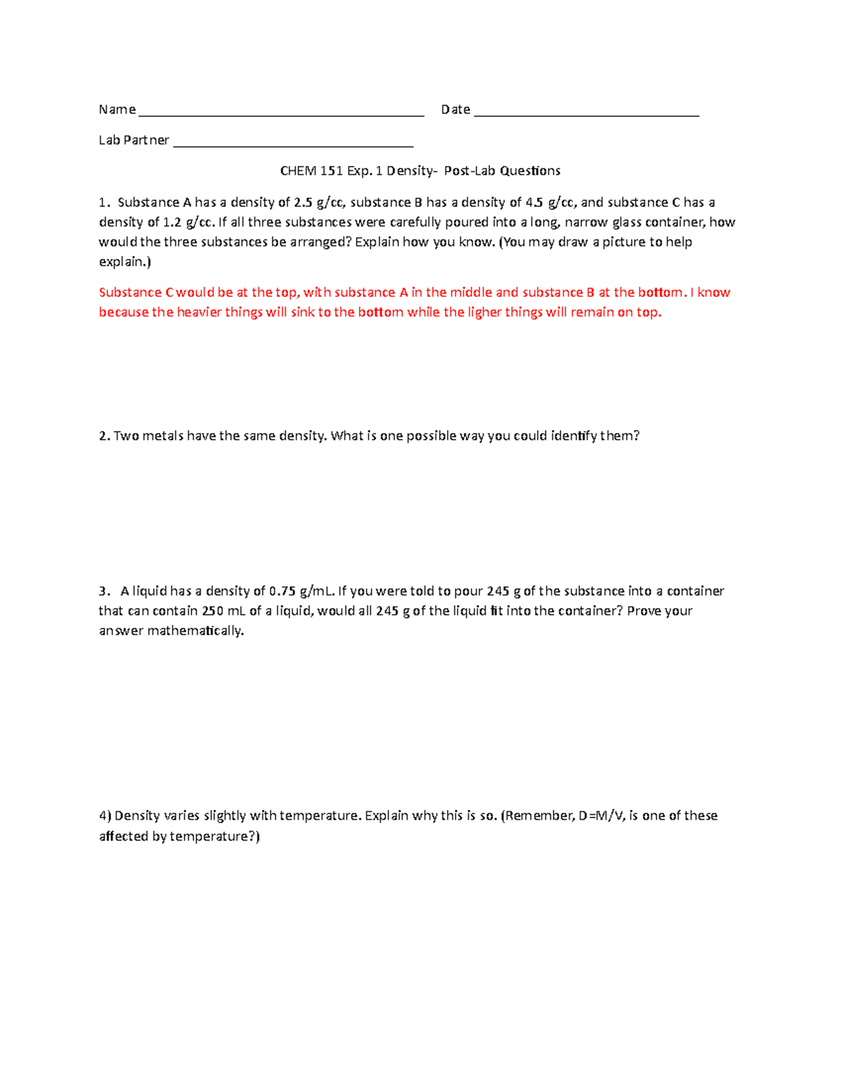 CHEM 151 Density Post-Lab Questions Hardcopy - Name