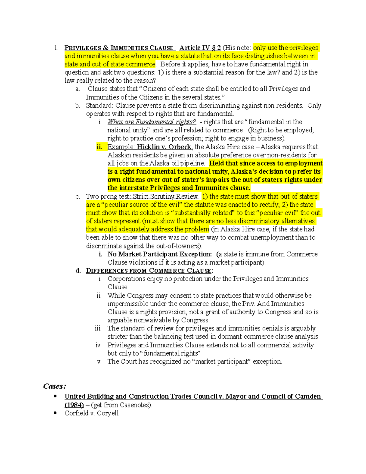 Criminal Law - Prof. Bradley 3 - PRIVILEGES & IMMUNITIES CLAUSE ...