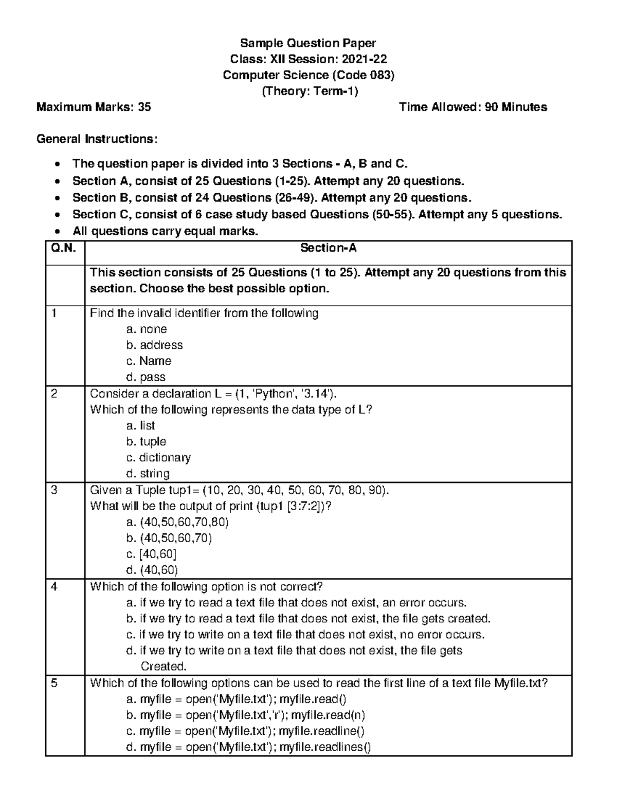 CBSE Class 12 (Term1) Computer Science Sample Question Paper 202122