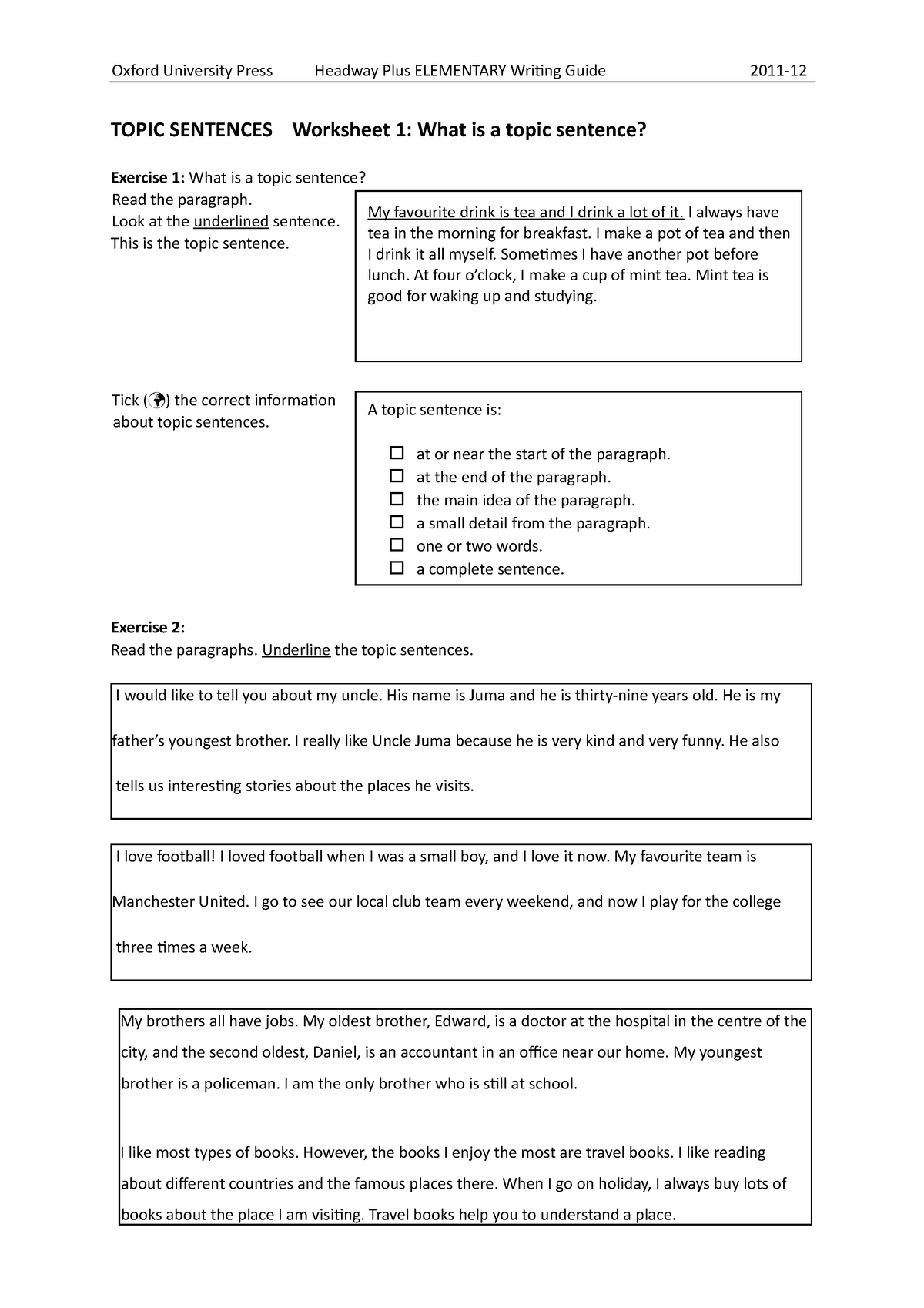 Topic Sentences 2 Word TOPIC SENTENCES Worksheet 1 What Is A Topic Sentence Exercise 1 What 