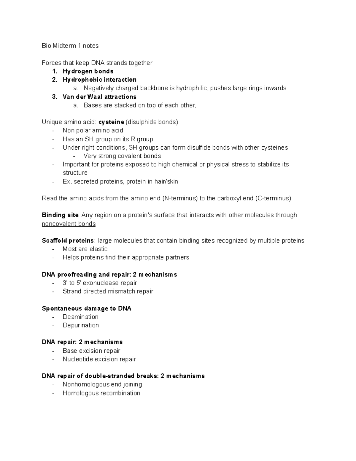 Bio Midterm 1 Review - Bio Midterm 1 Notes Forces That Keep DNA Strands ...