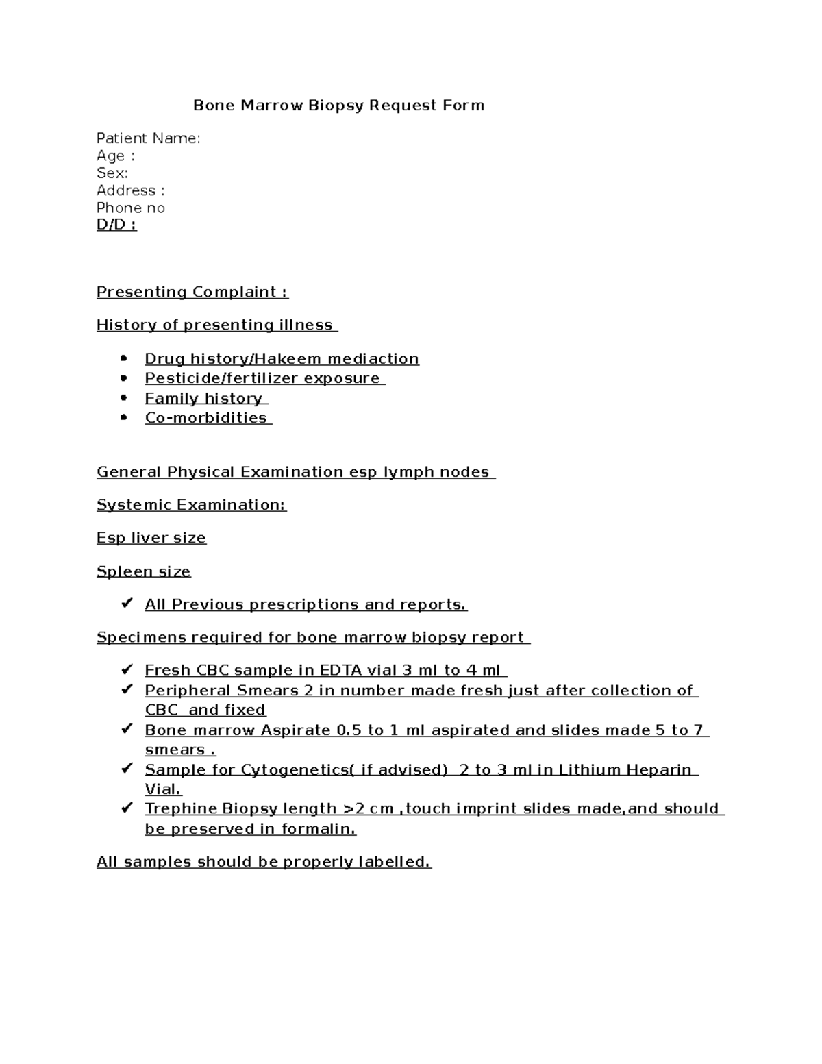Bone Marrow Biopsy Request Form Dr Ayesha - Bone Marrow Biopsy Request ...