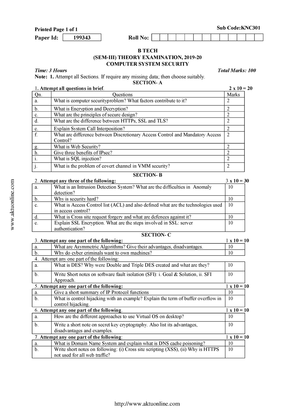 Btech 3 sem computer system security knc301 2020 - Printed Page 1 of 1 ...