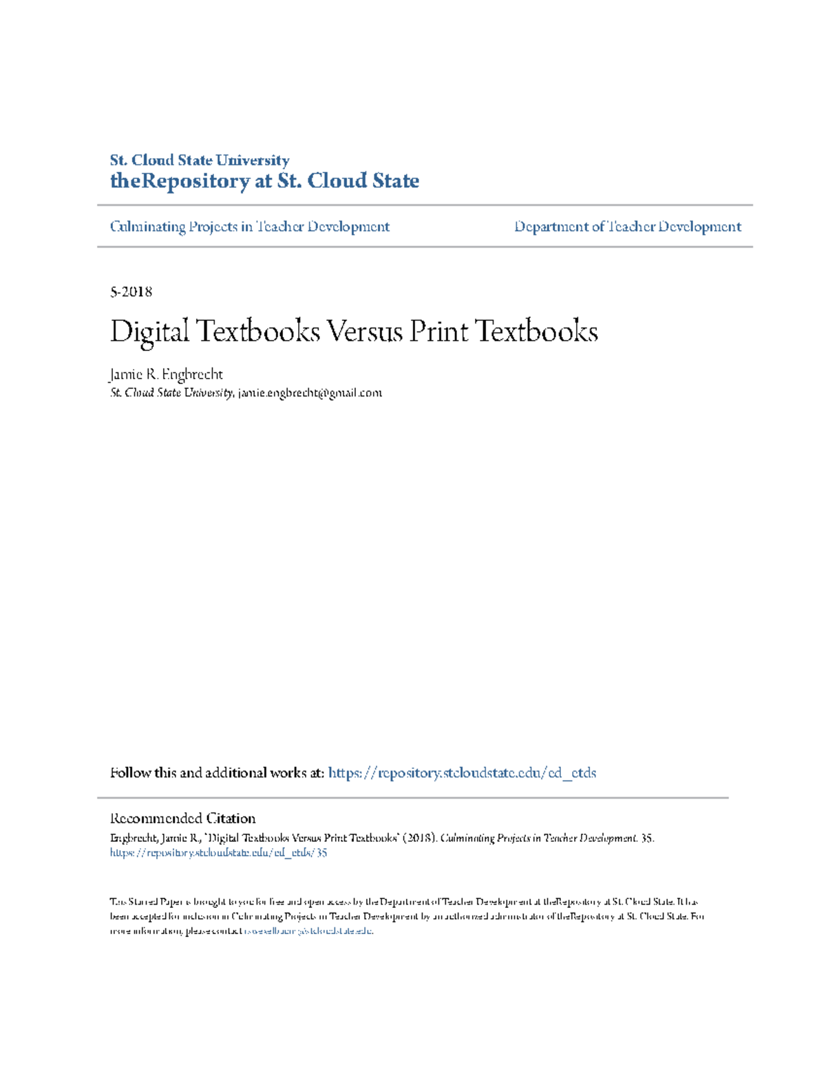Digital Textbooks Versus Print Textbooks St. Cloud State University