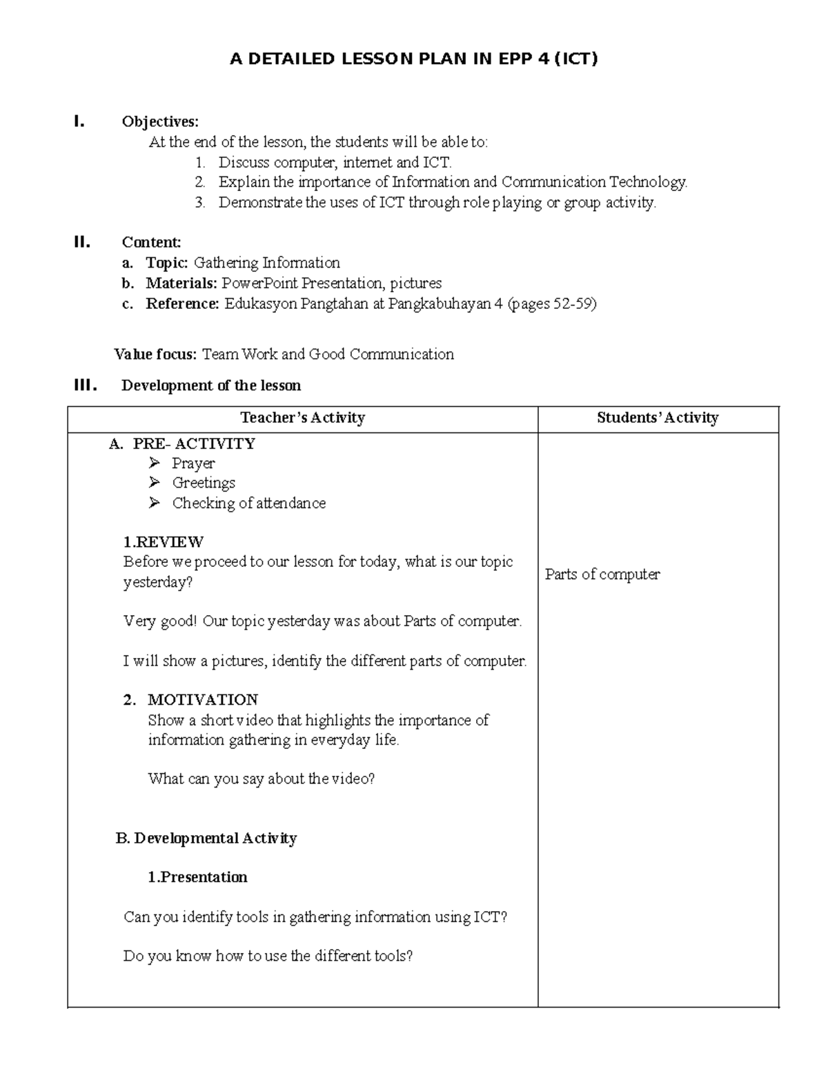 A Detailed Lesson PLAN IN EPP 4 - A DETAILED LESSON PLAN IN EPP 4 (ICT ...