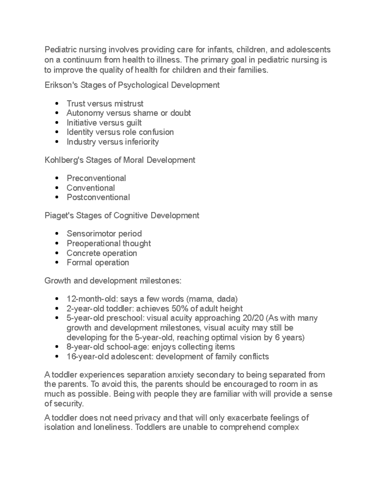 Intro to Peds Nursing notes Pediatric nursing involves providing