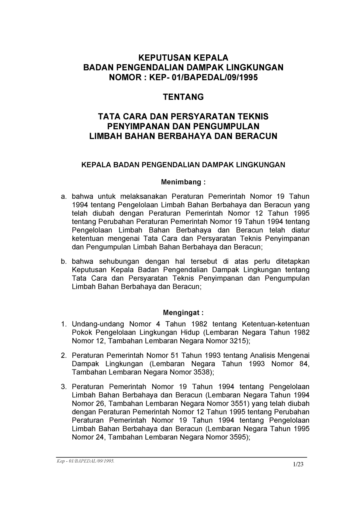 Bapedal 011995 - Law - KEPUTUSAN KEPALA BADAN PENGENDALIAN DAMPAK ...