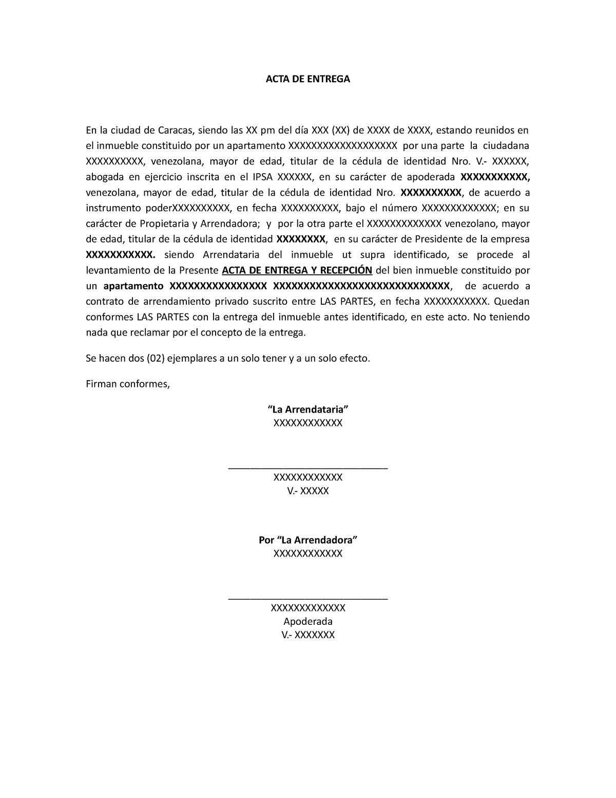 Modelo Acta De Entrega Inmueble Acta De Entrega En La Ciudad De Caracas Siendo Las Xx Pm Del 