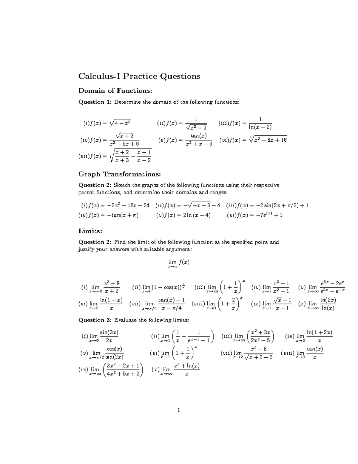 Selected Topics - there is - Calculus-I Practice Questions Domain of ...