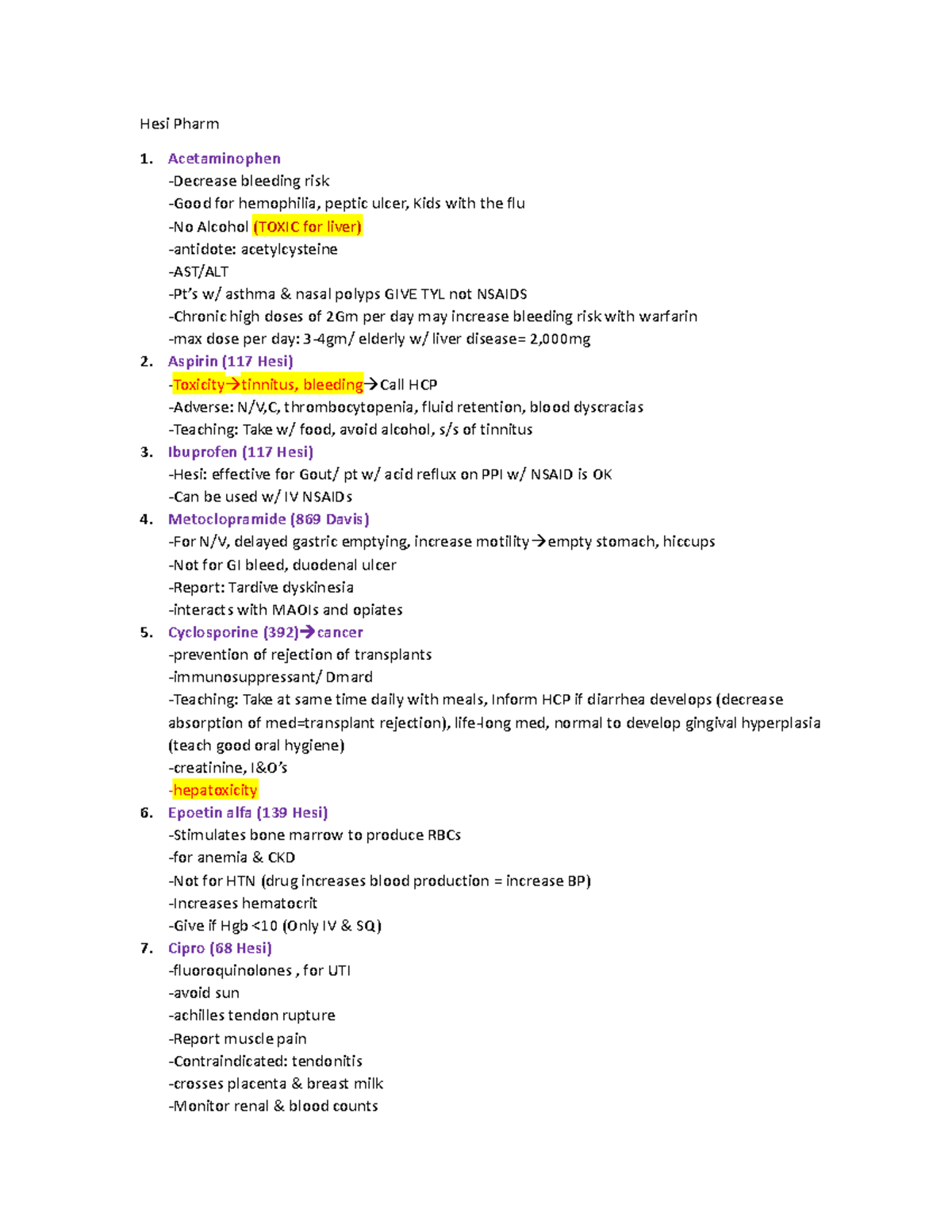 Pharm typed out list ASSIGMENTS Hesi Pharm Acetaminophen Decrease