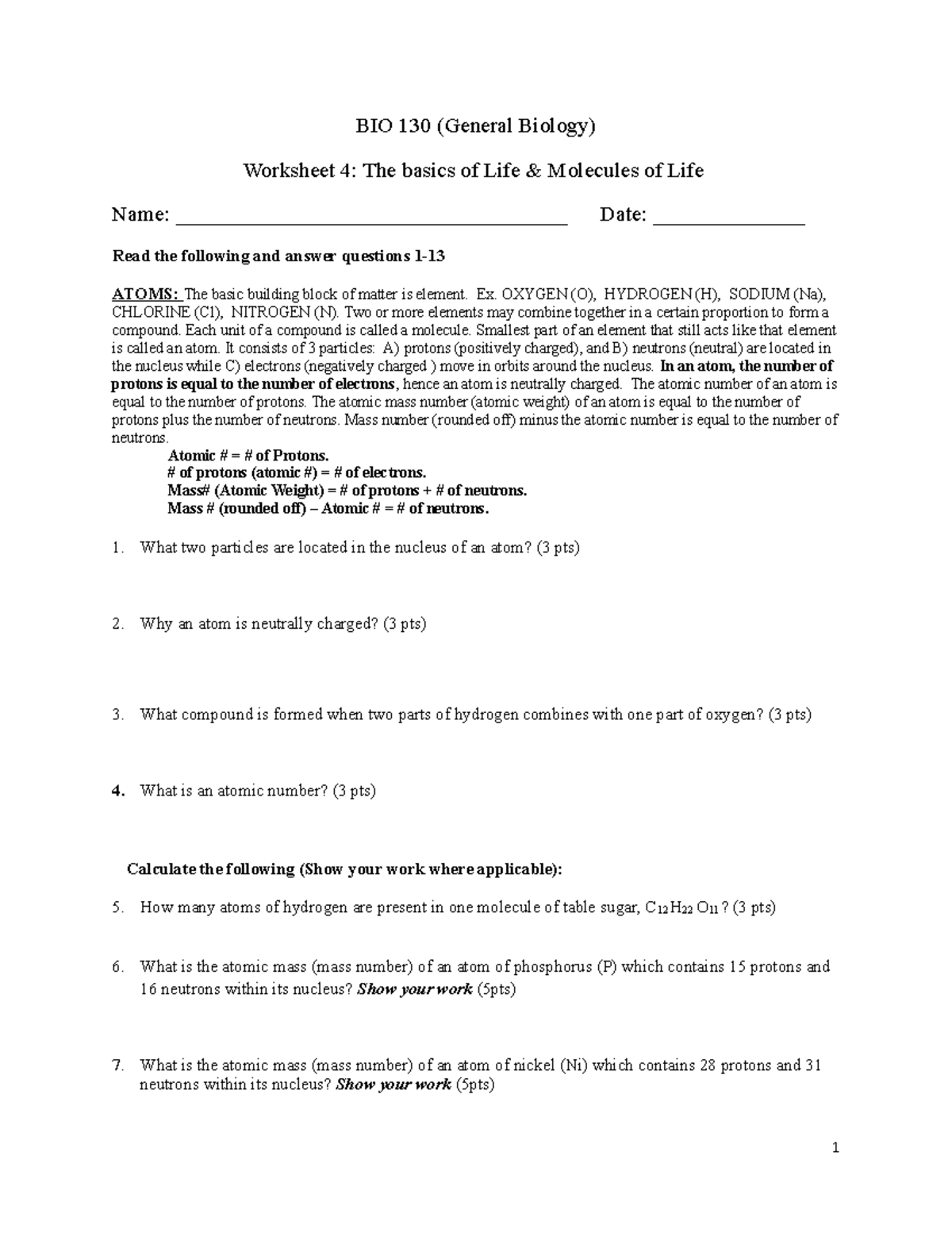 Bio 130 Work sheet 4 Module 2 KRC - BIO 130 (General Biology) Worksheet ...
