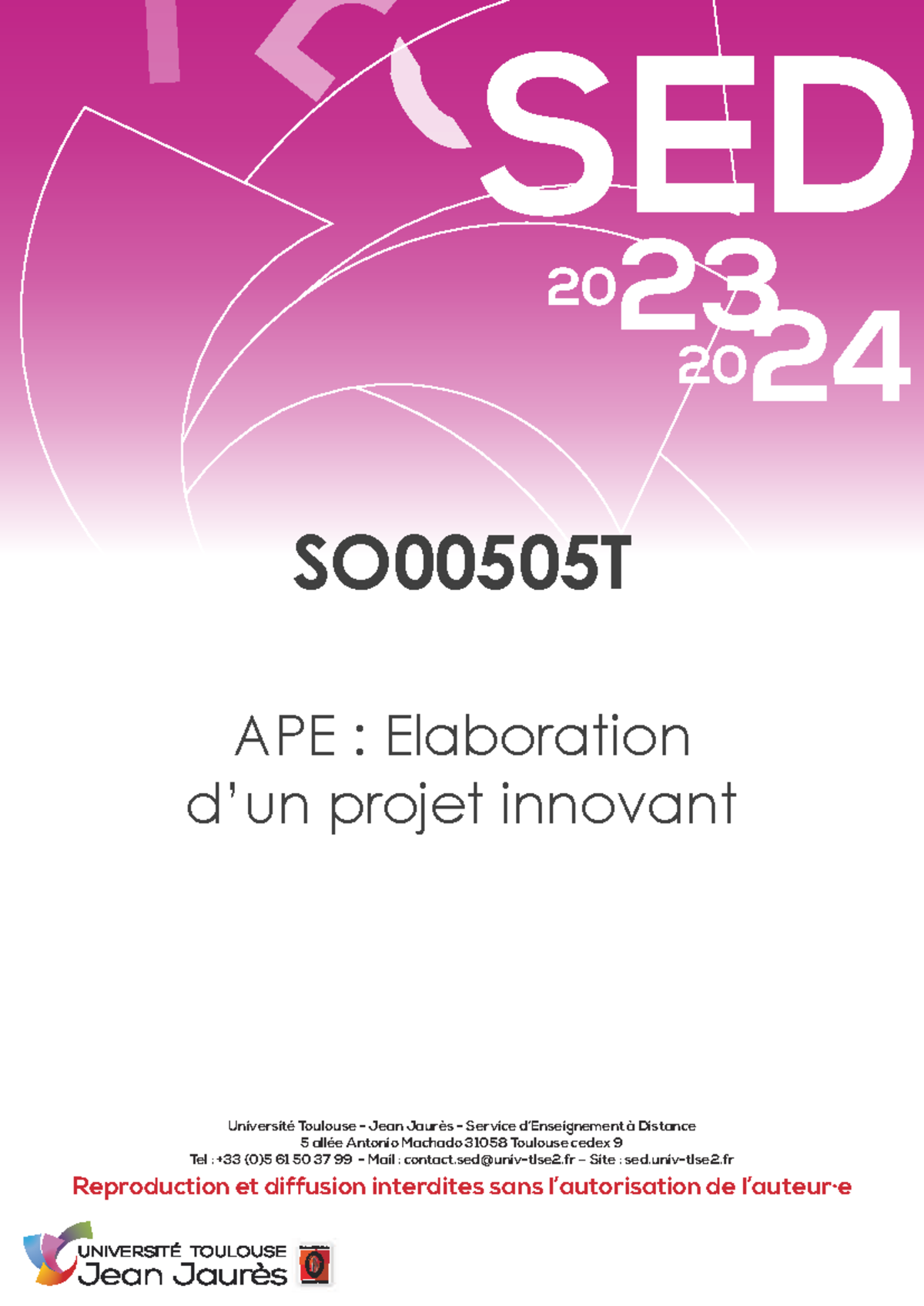 SO00505T APE : Elaboration d'un projet innovant - Université Toulouse ...