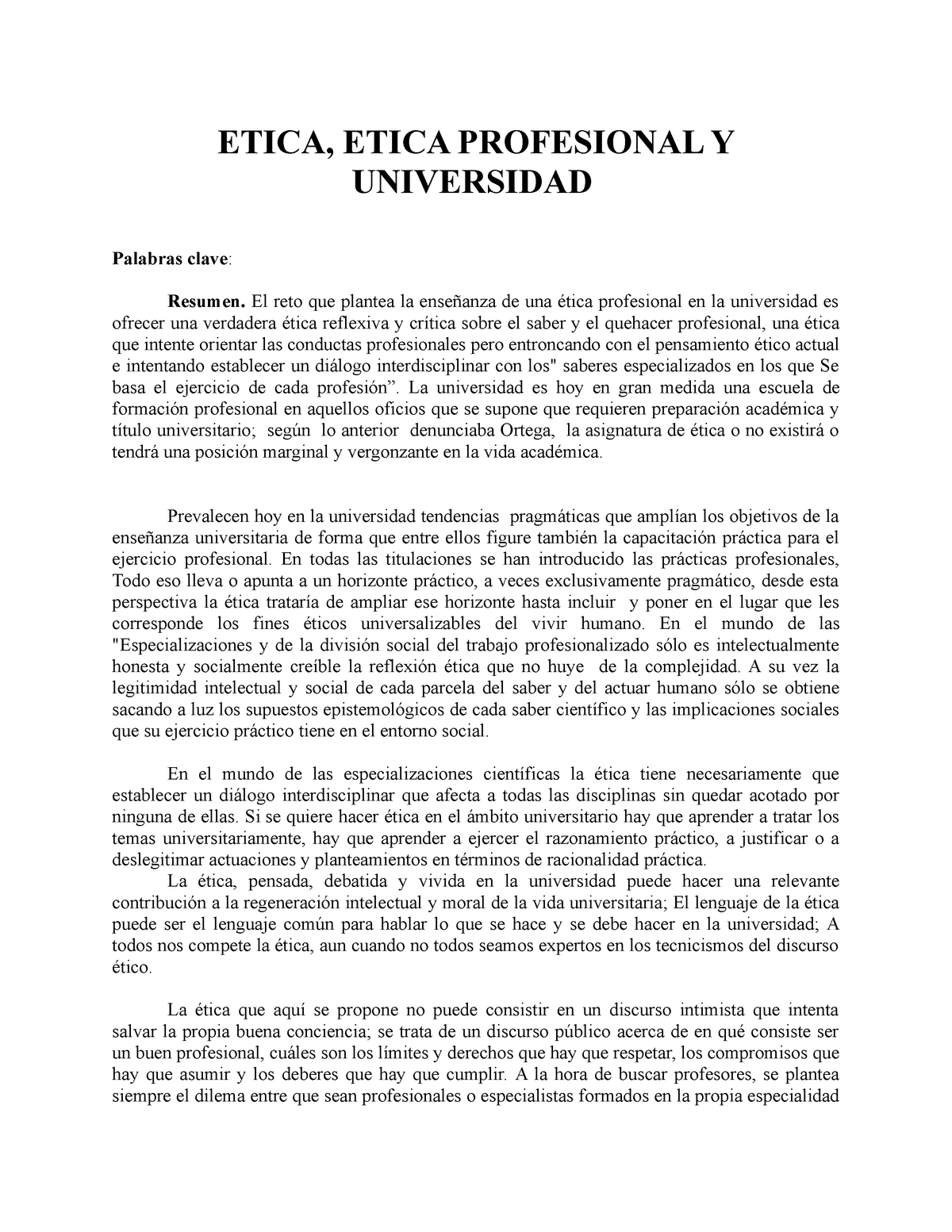 Etica Profesional Etica Etica Profesional Y Universidad Palabras Clave Resumen El Reto Que 3844