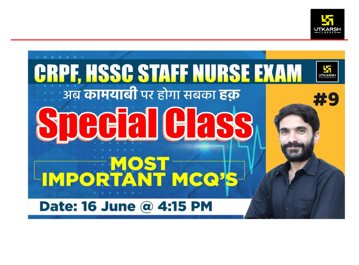 CRPF HSSC Staff Nurse Exam Special MCQ Class #9 Most Important ...