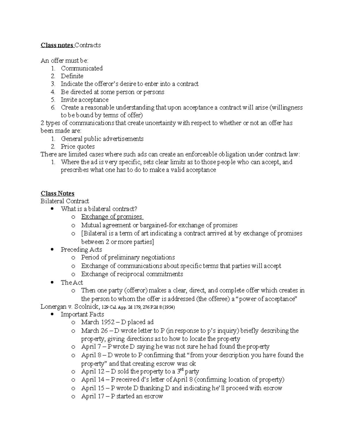 Class Notes - Contracts - Class notes Contracts An offer must be: 1 ...