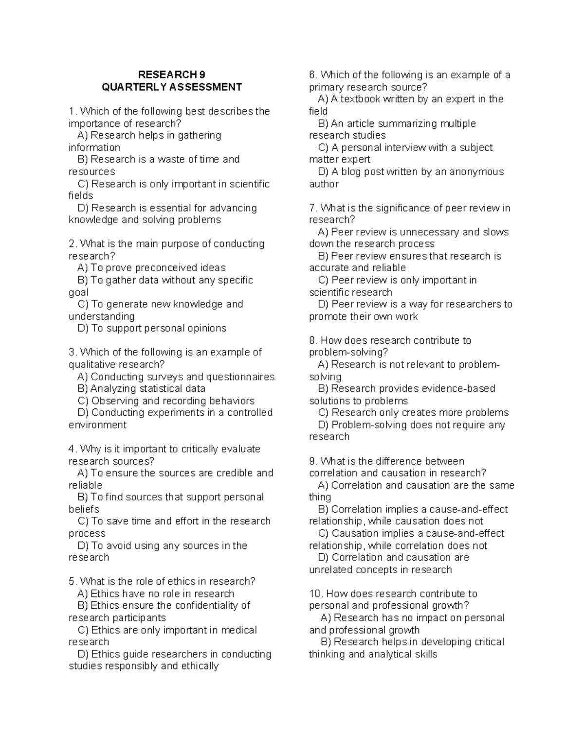 Research 9 exam - EXAM - RESEARCH 9 QUARTERLY ASSESSMENT Which of the ...