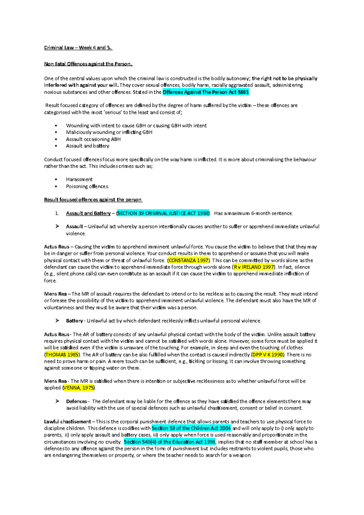 5. CRIM LAW - WK4-5 (NON Fatal Offences) - Criminal Law – Week 4 and 5 ...