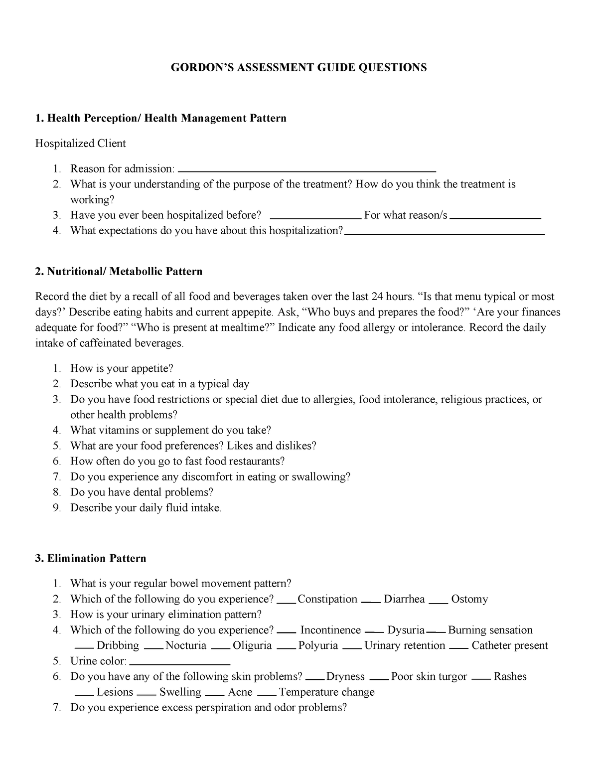 Gordon 11 functional health pattern GORDON’S ASSESSMENT GUIDE