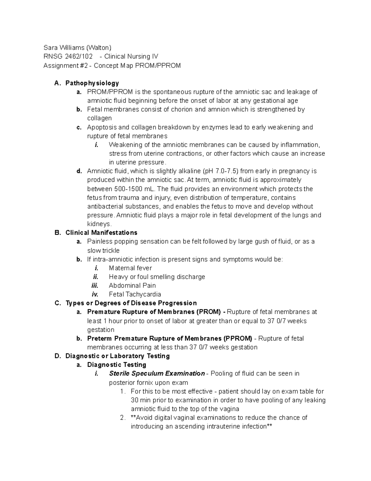 PROM- Pprom Concept Map (Outline) - Sara Williams (Walton) RNSG 2462/ ...