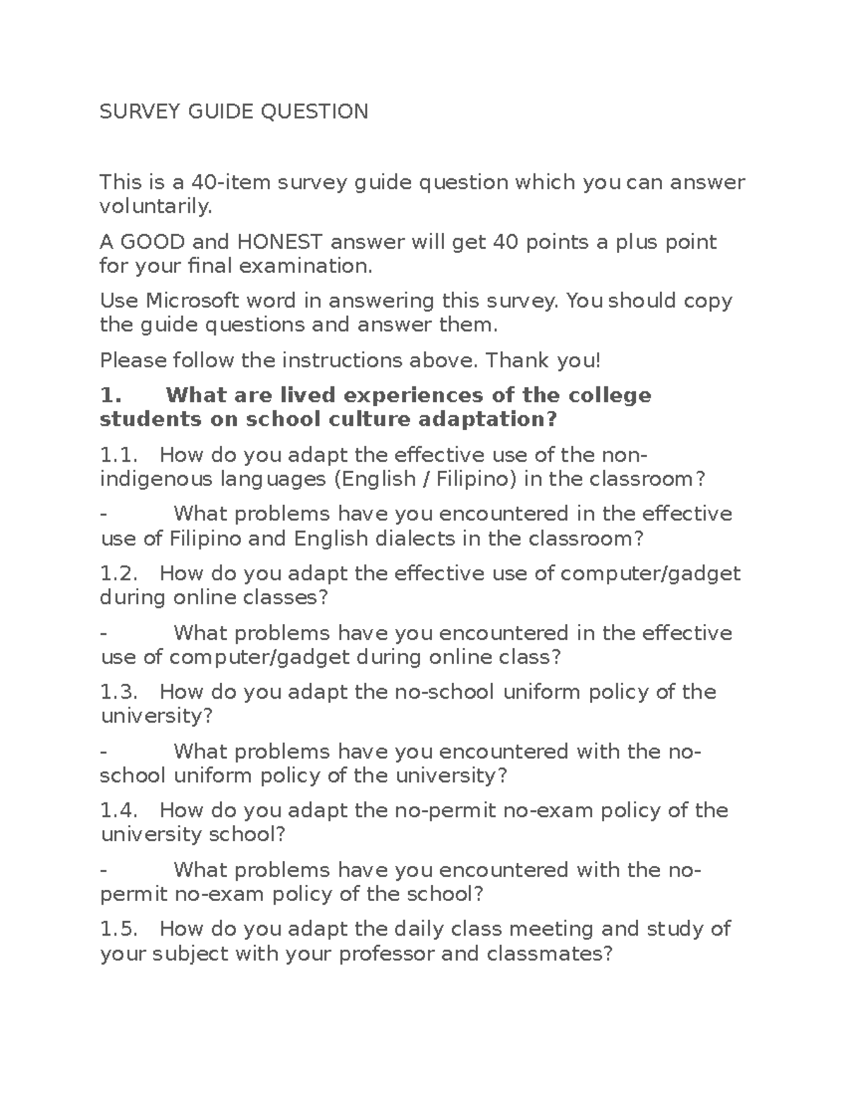 Survey Guide Question samples SURVEY GUIDE QUESTION This is a 40