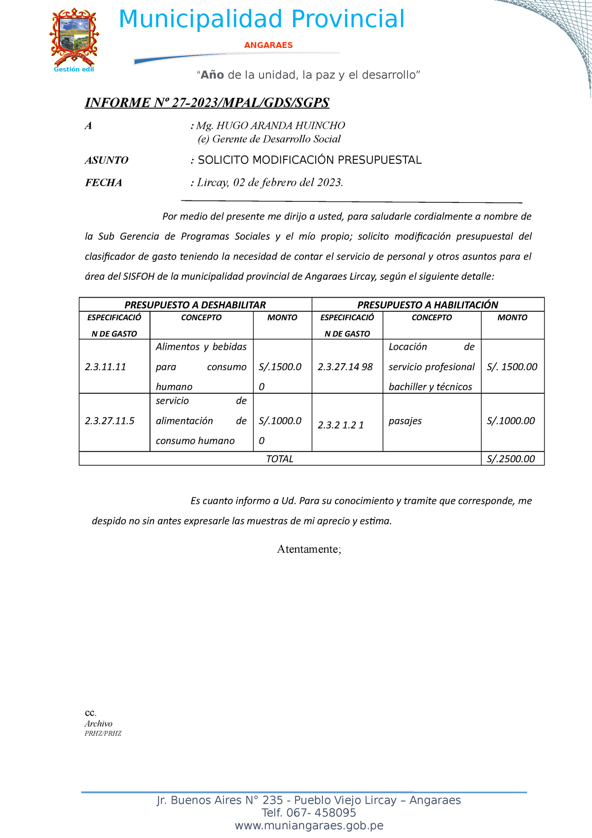 Informe Nº 027 -2023 - Modificacion Presupuestal - “Año De La Unidad ...