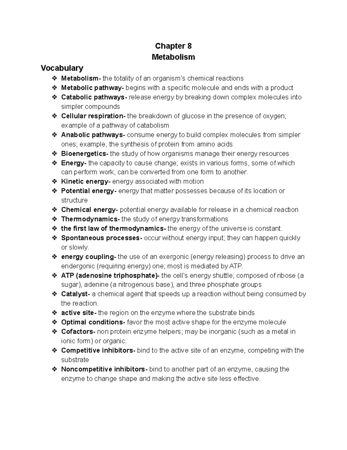 Chapter 8 biology - Chapter 8 Metabolism Vocabulary Metabolism- the ...