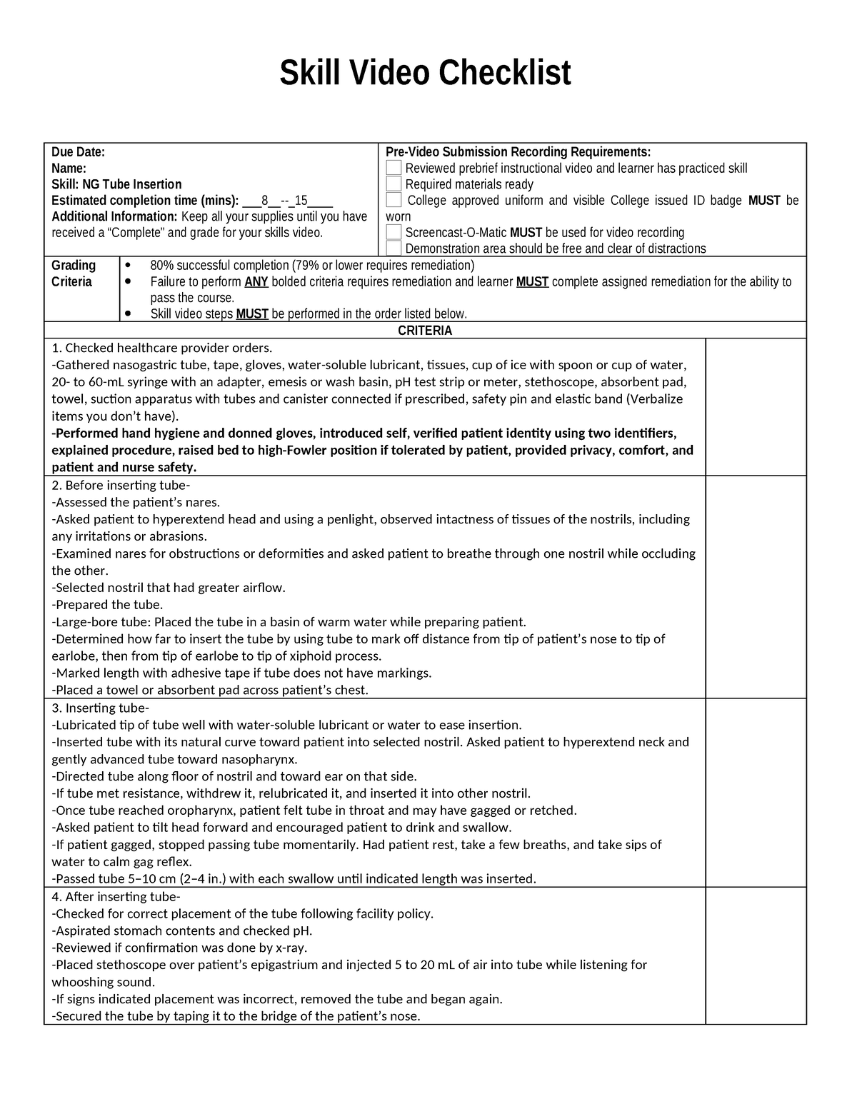 NG+Tube+Insertion+Checklist 2 - Skill Video Checklist Due Date: Name ...