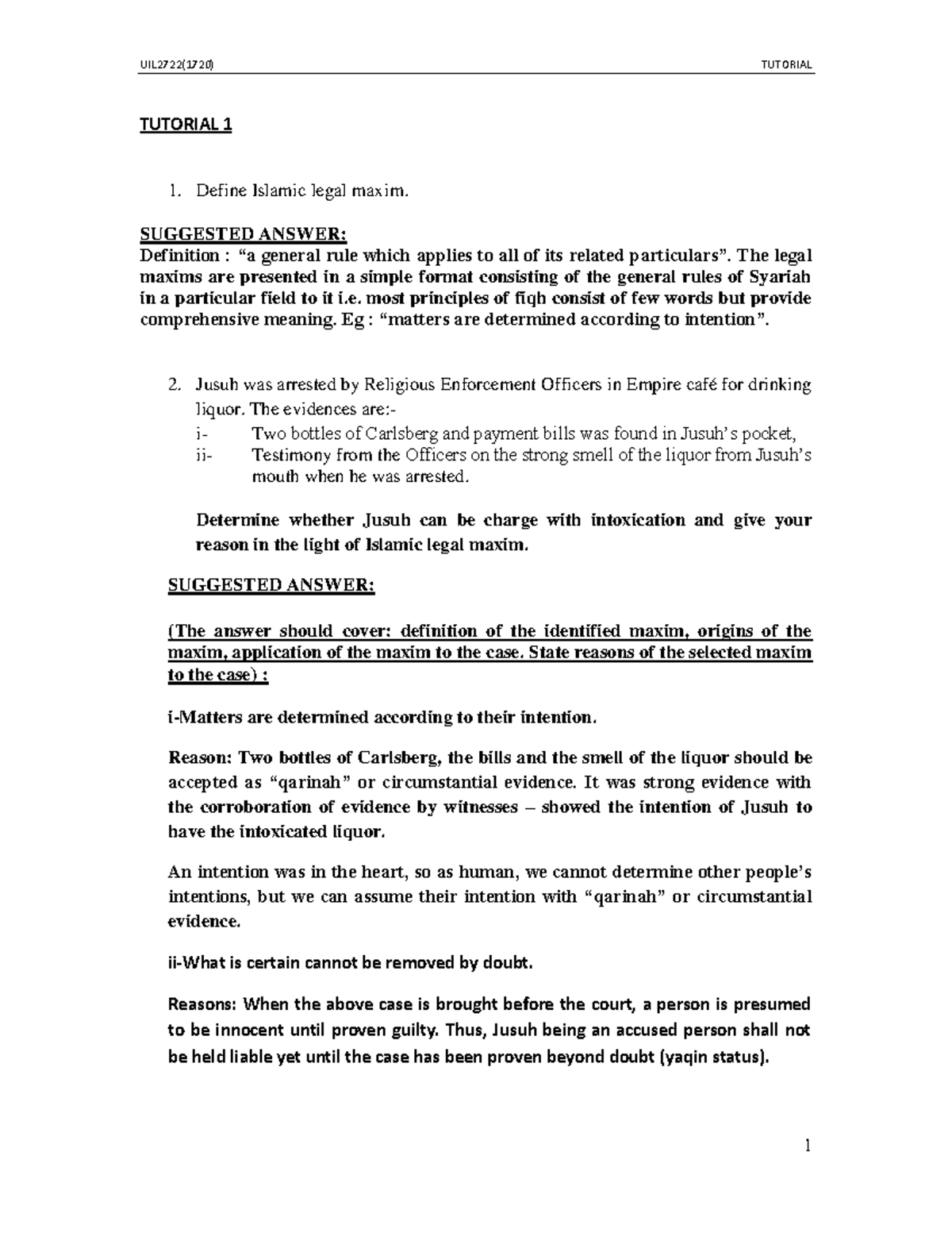 1 Suggested Answer - Islamic Law Topic 1 - UIL2722(1720) TUTORIAL 1 ...