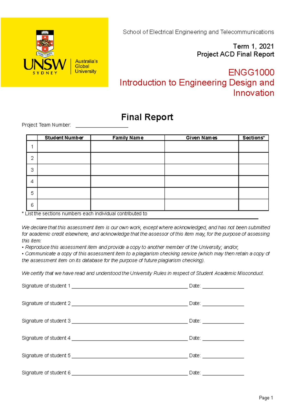 ENGG1000 T1 2021 Project ACD Final Report Template - Final Report ...