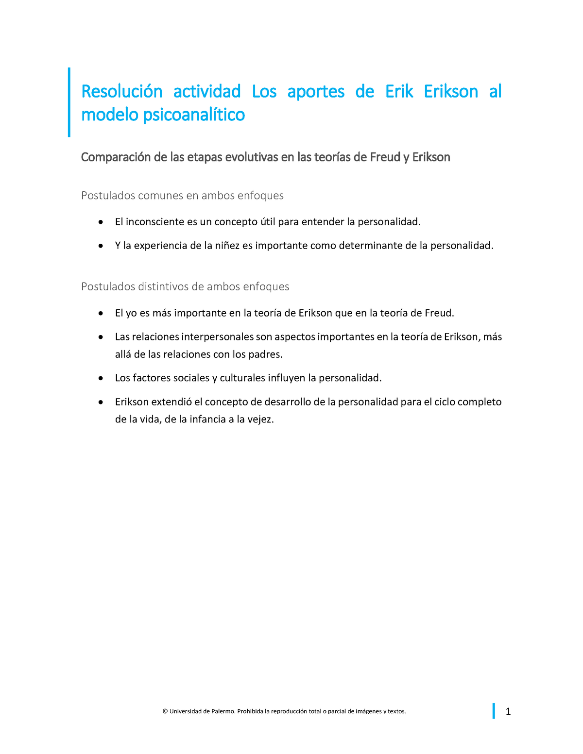 Los aportes de Erik Erikson al modelo psicoanalitico - © Universidad de  Palermo. Prohibida la - Studocu