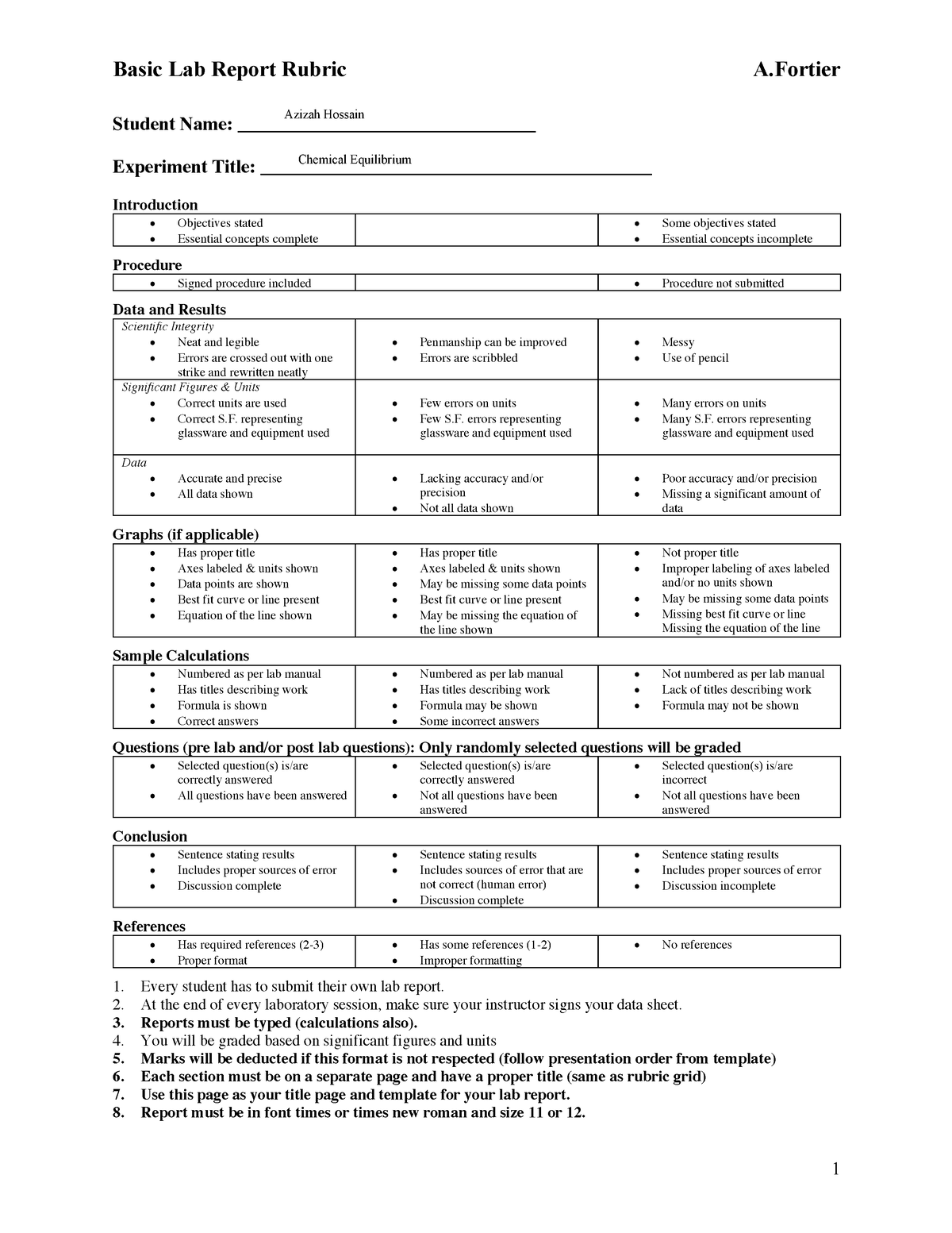 Lab Report 10 Chemical Equilibrium Basic Lab Report Rubric A 1