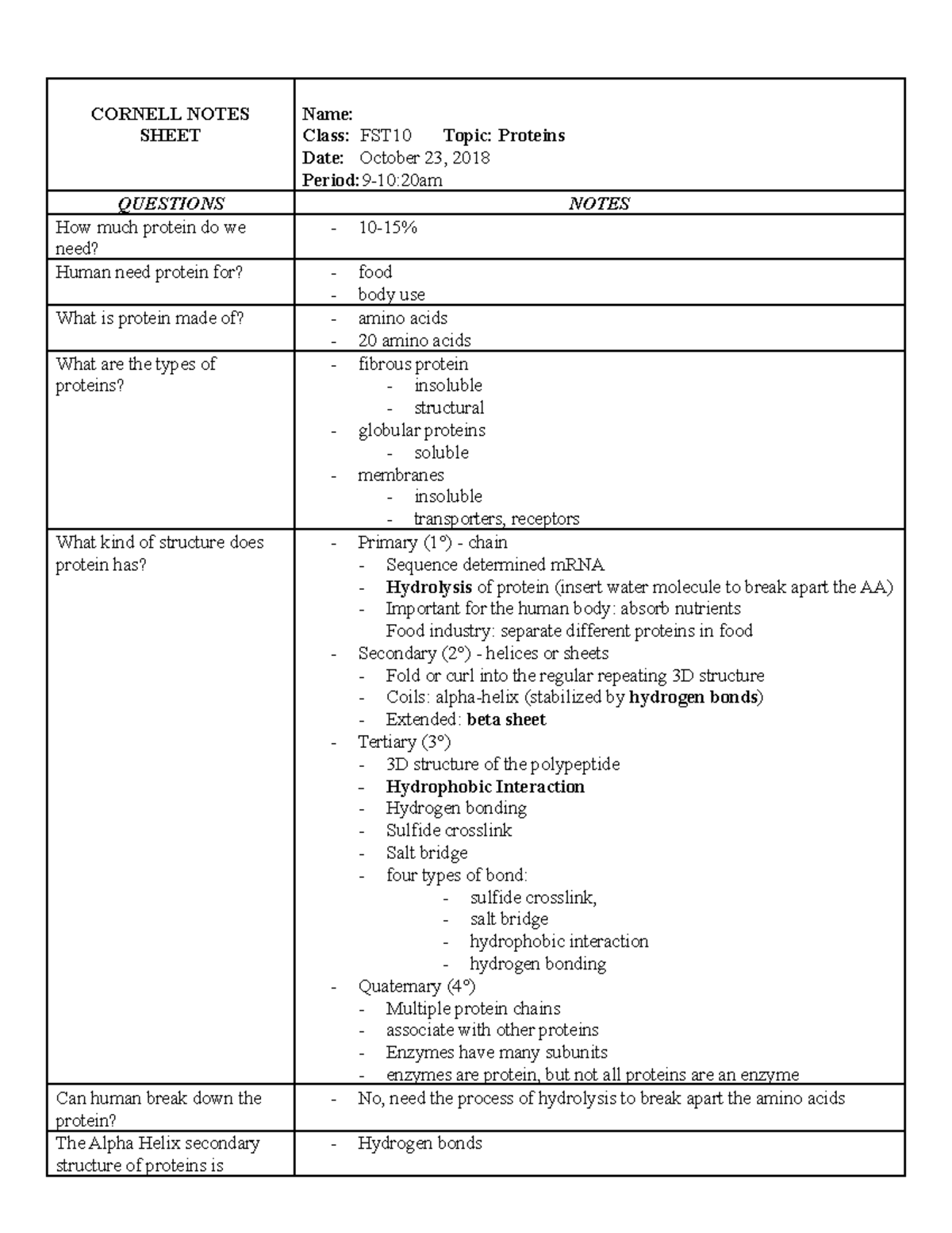 CNT 7 - Proteins - CORNELL NOTES SHEET Name: Class: FST10 Topic ...