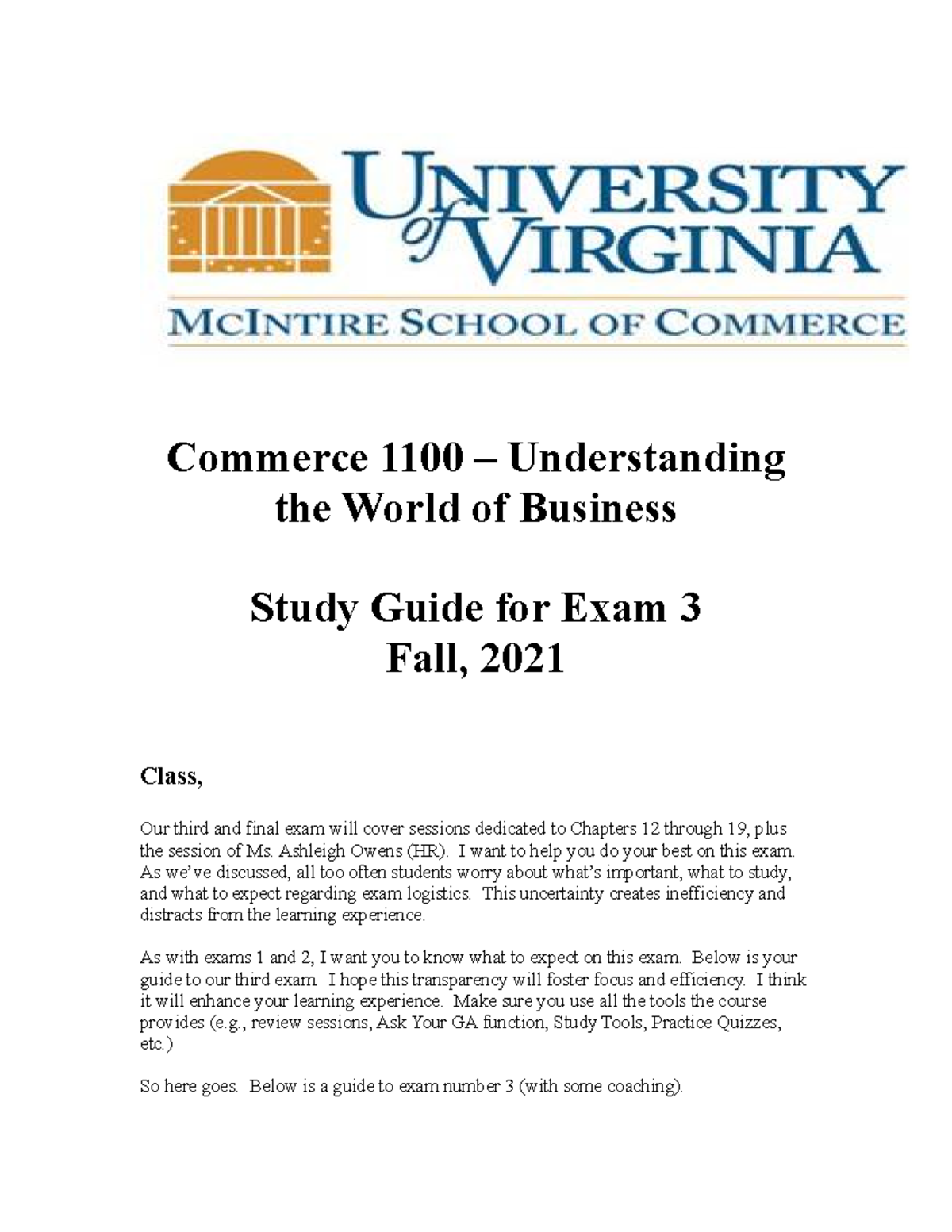 Exam 3 Study Guide - Fall 2021 - Commerce 1100 – Understanding the ...