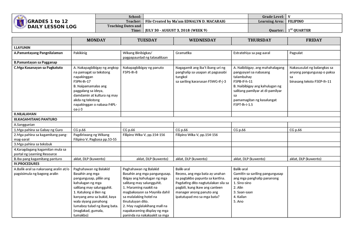 DLL Filipino 5 Q1 W9 - Please Let Me In - GRADES 1 To 12 DAILY LESSON ...