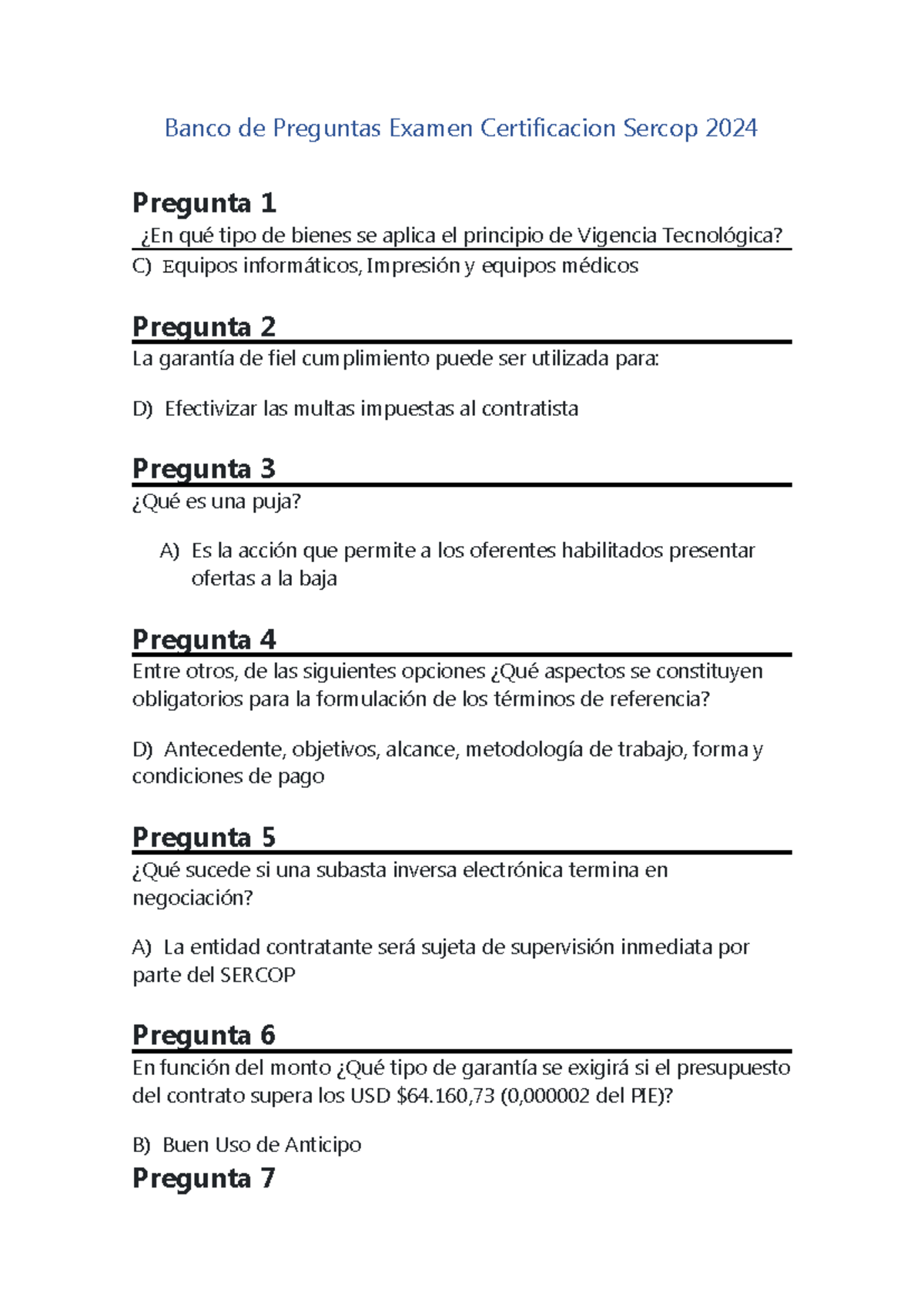 Ilide - Banco De Preguntas Examen Certificacion Sercop 2024 Pregunta 1 ...