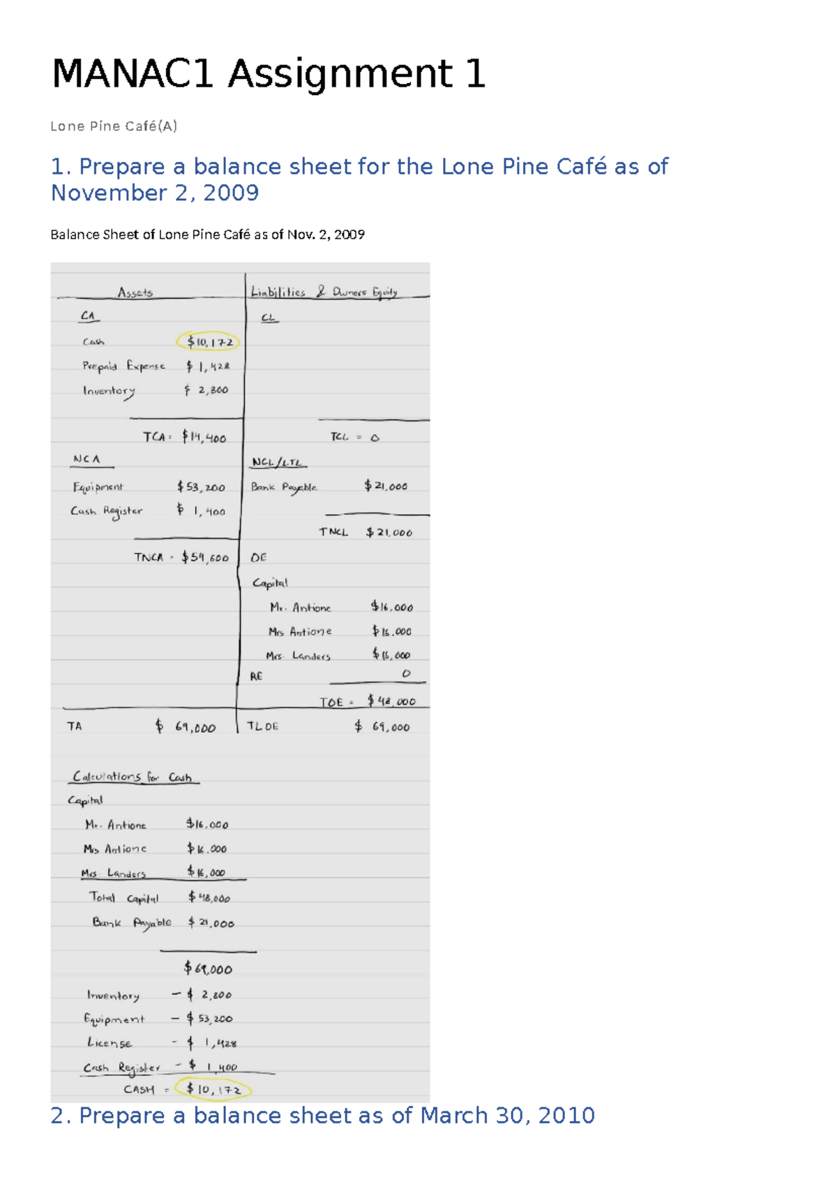 Lone Pine Cafe | Case Study | balance sheet as on November 2, 2009 and ...