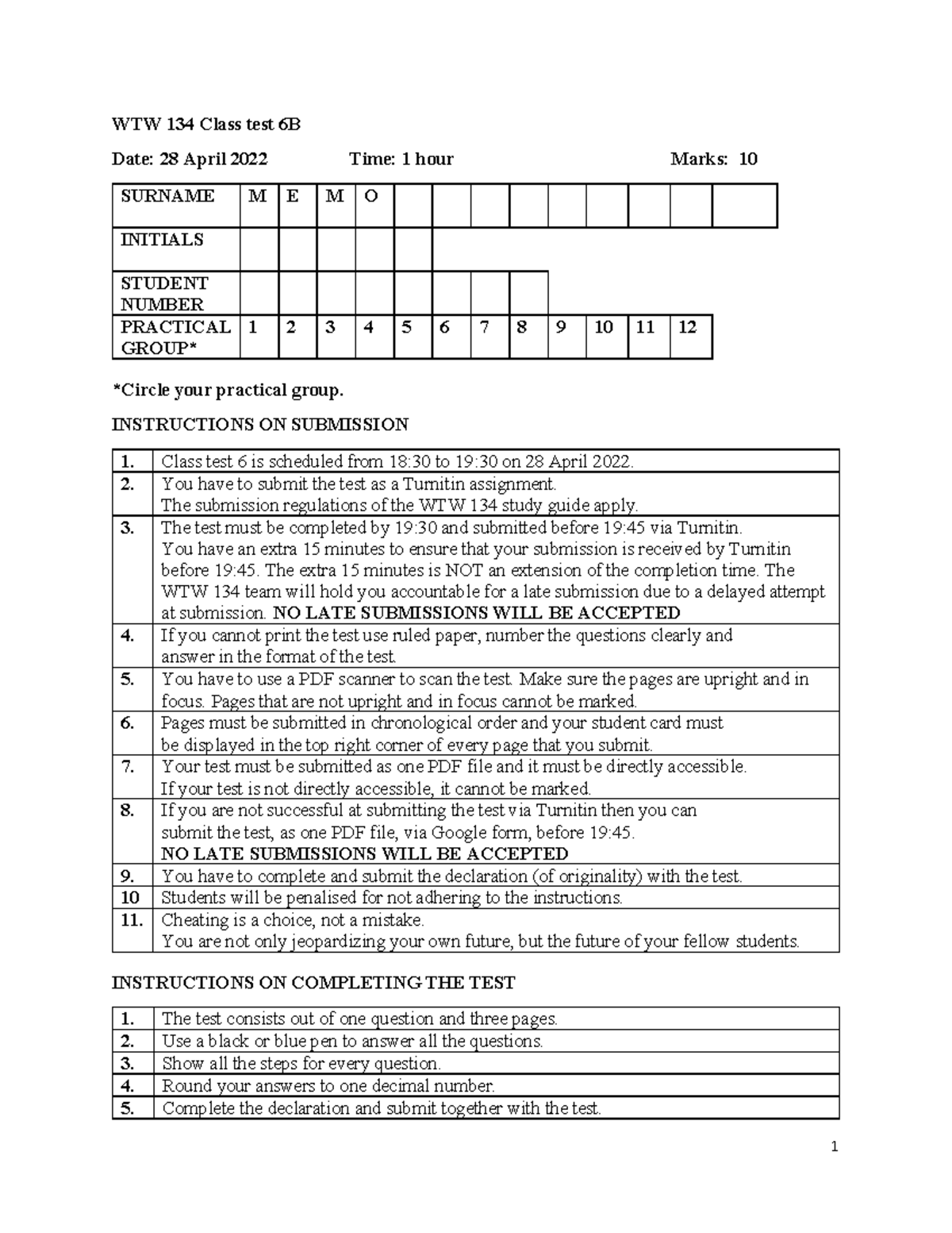 Class test 6B Memo past paper - WTW 134 Class test 6B Date: 28 April ...