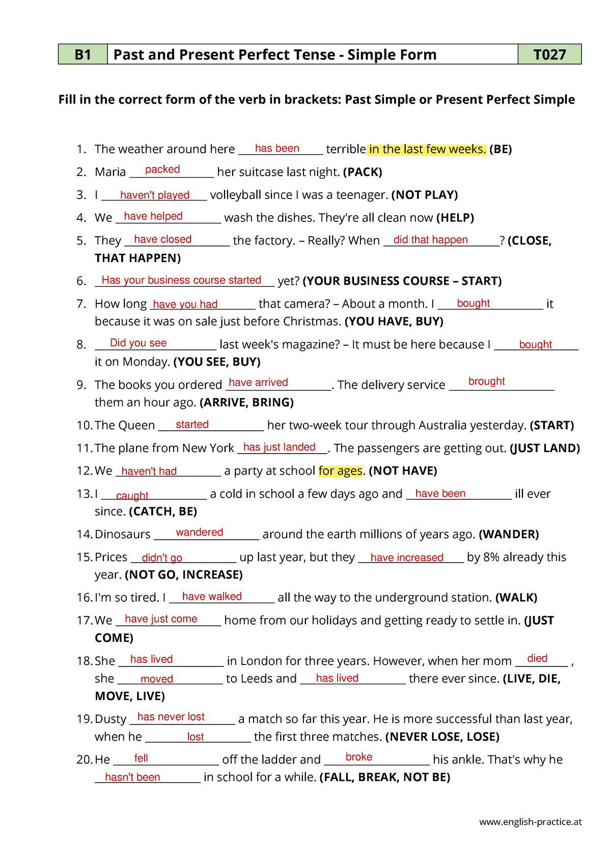 T 027 past present perfect simple - english-practice B1 Past and ...