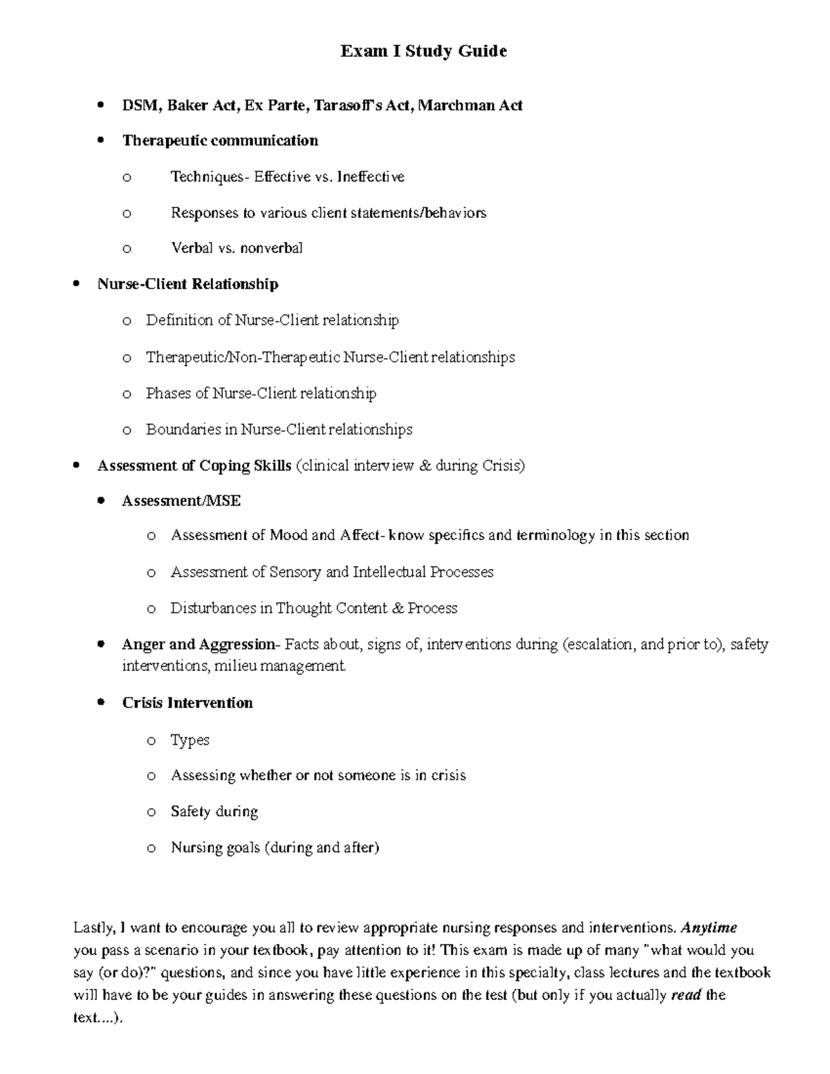 Exam 1 Study Guide3 Exam I Study Guide DSM, Baker Act, Ex Parte