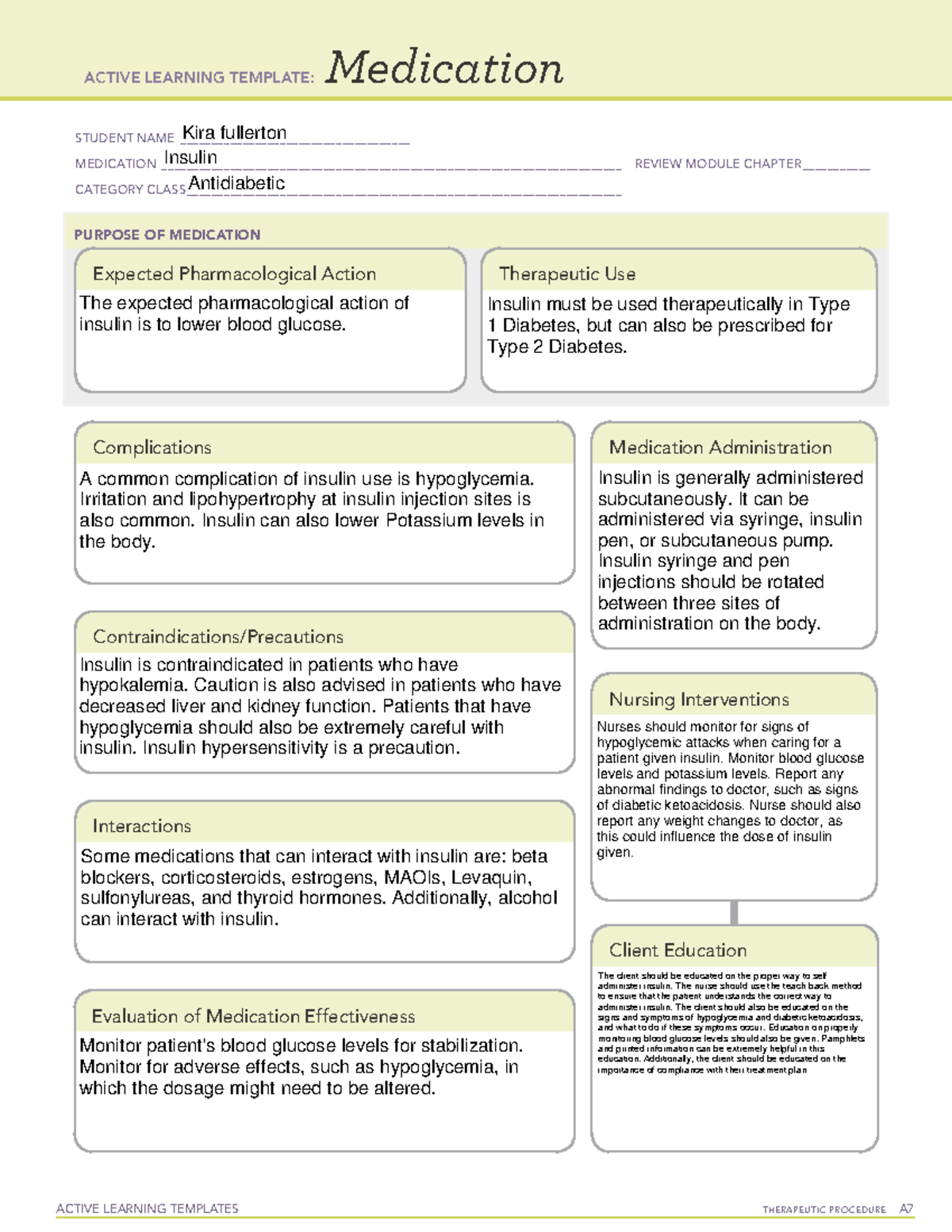 MED Insulins ( Mixed) ATI medications sheet ACTIVE LEARNING