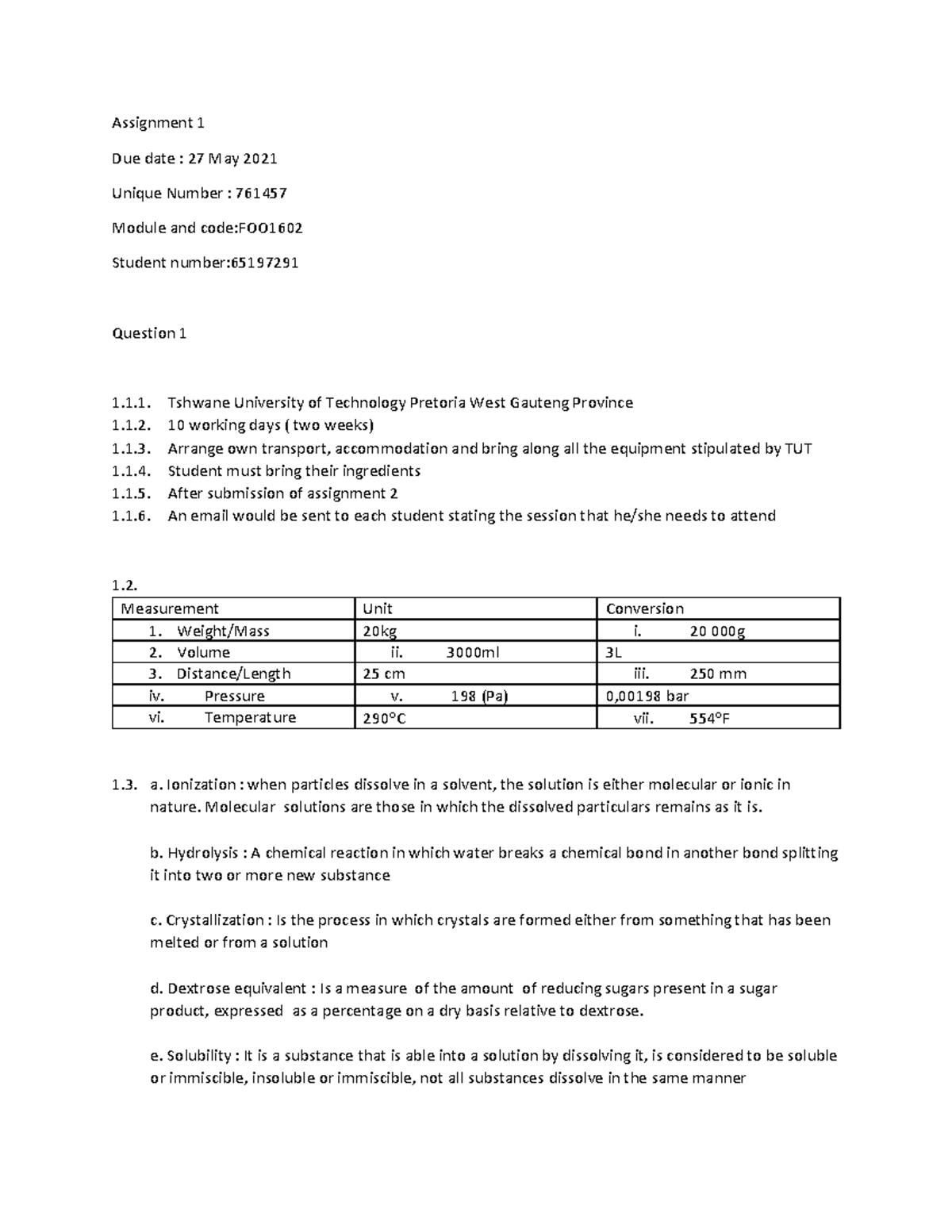 Assignment 1 1. Tshwane University of Technology Pretoria West