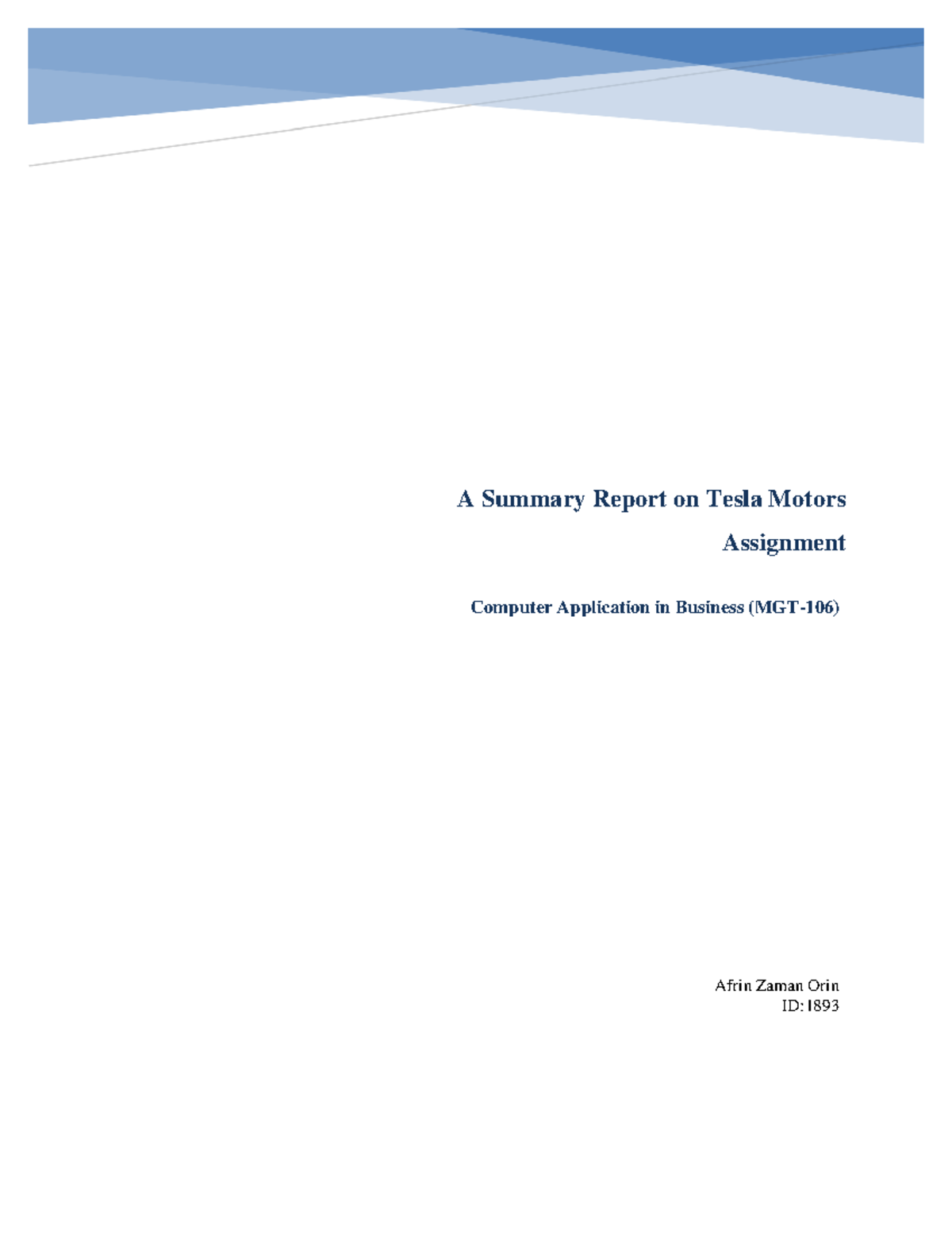 Tesla Motors - Assignment - A Summary Report on Tesla Motors Assignment ...
