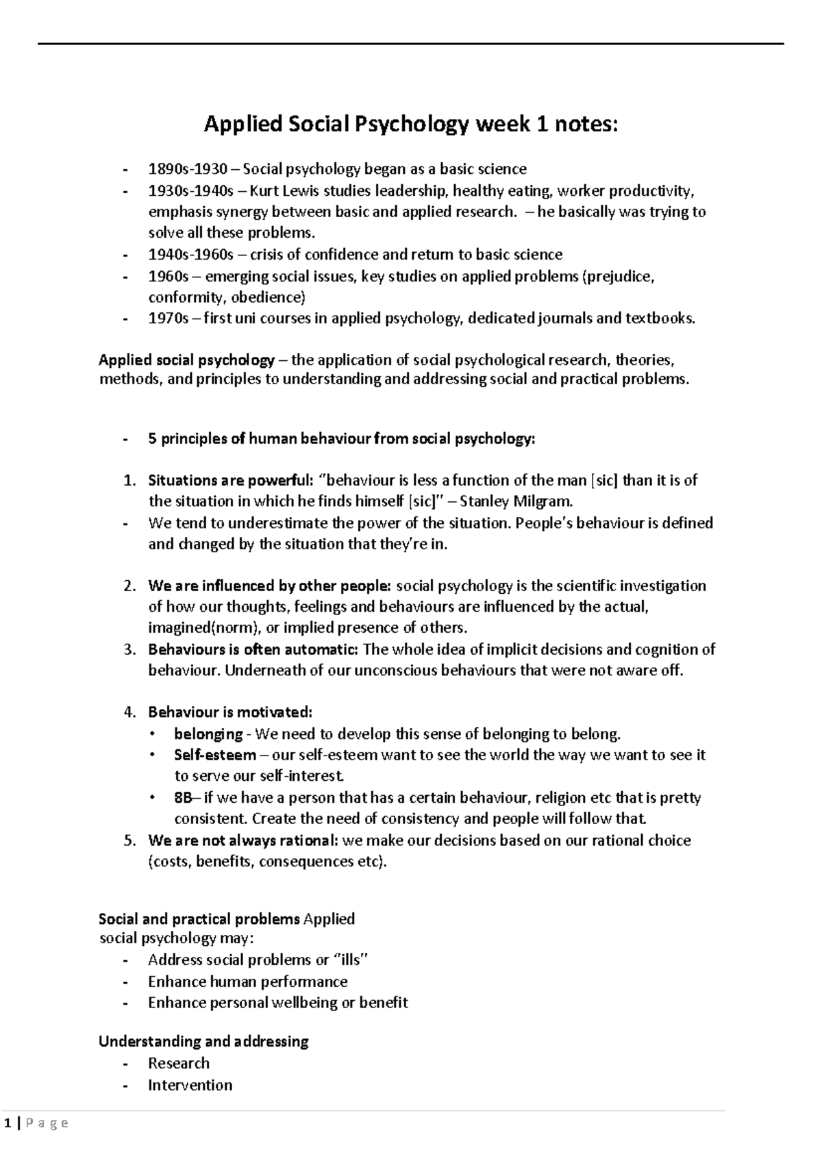 Applied Social Psychology week 1 notes he basically was trying to solve all these problems Applied Social Psychology week 1 notes he basically was trying to solve all these problems