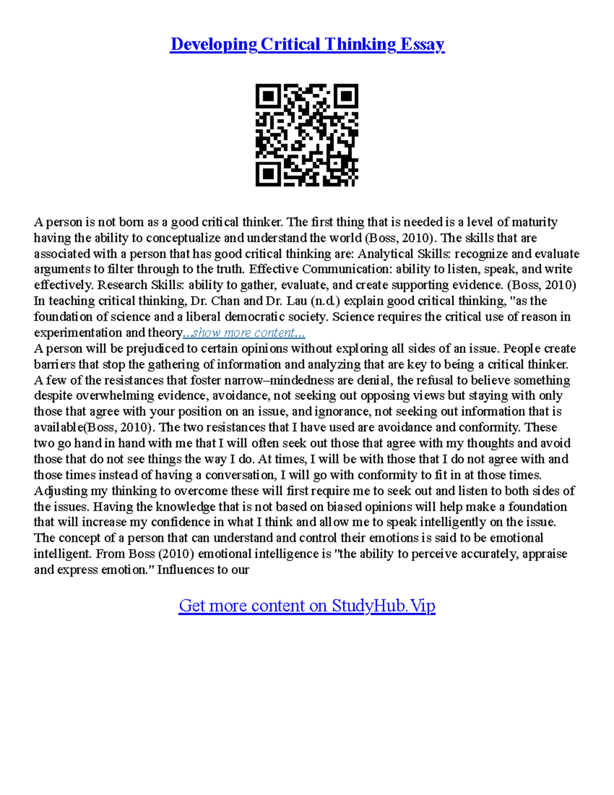 Critical Thinking Essay Examples - Developing Critical Thinking Essay A ...