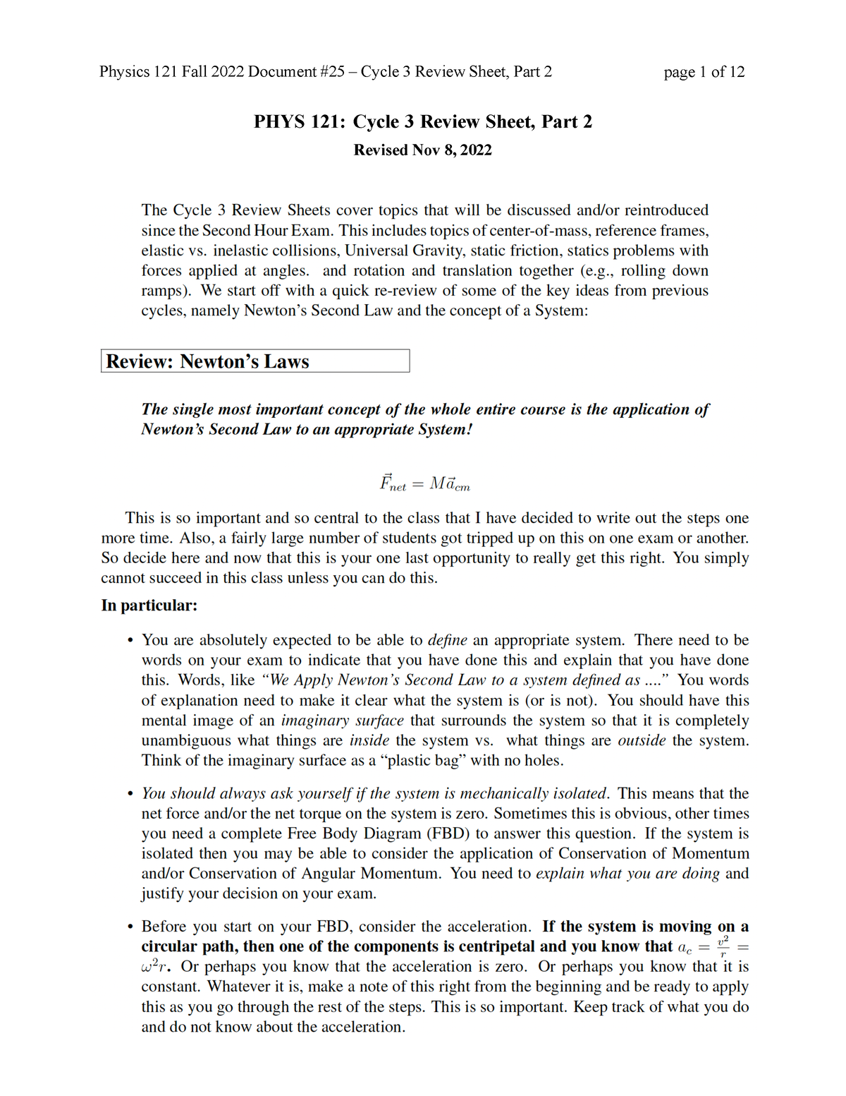 Cycle 3 Review sheet Part 2 - PHYS 121 - PHYS 121: Cycle 3 Review Sheet ...