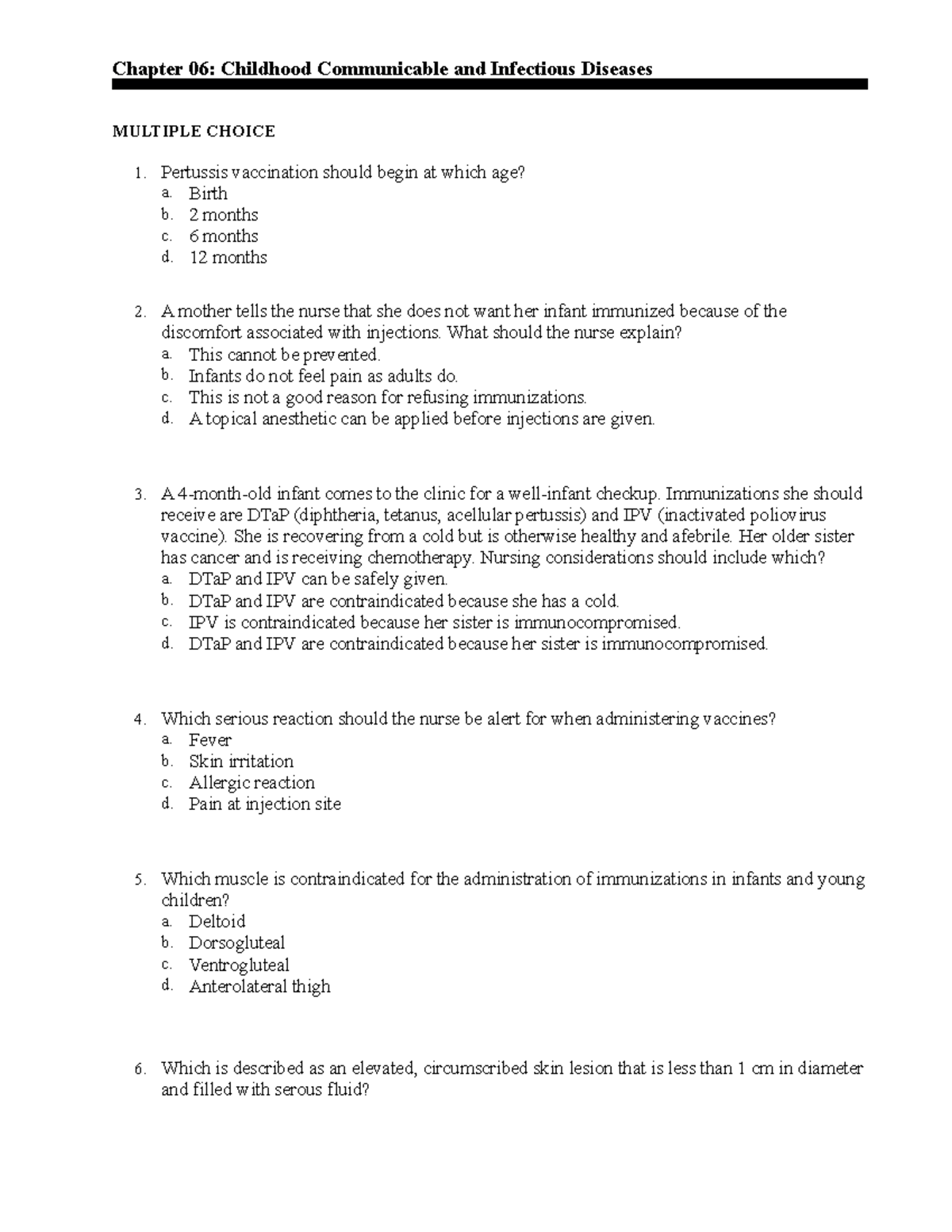 Chapter 06 Practice Test - Chapter 06: Childhood Communicable And ...