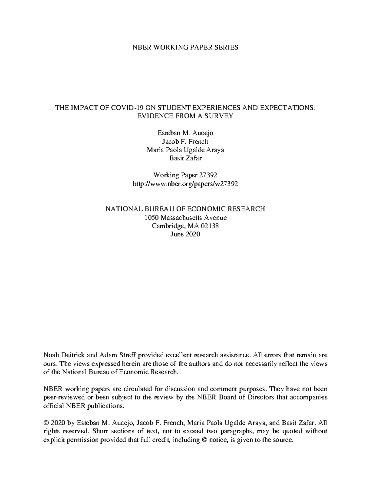 W27392 - About Cpvid-19 - NBER WORKING PAPER SERIES THE IMPACT OF COVID ...