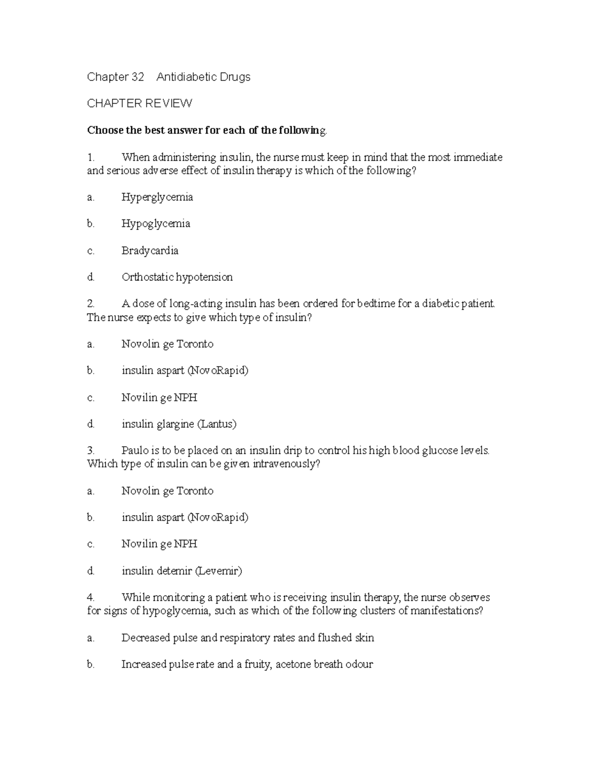 Chapter 32 Antidiabetic Drugs QUIZ - Chapter 32 Antidiabetic Drugs ...