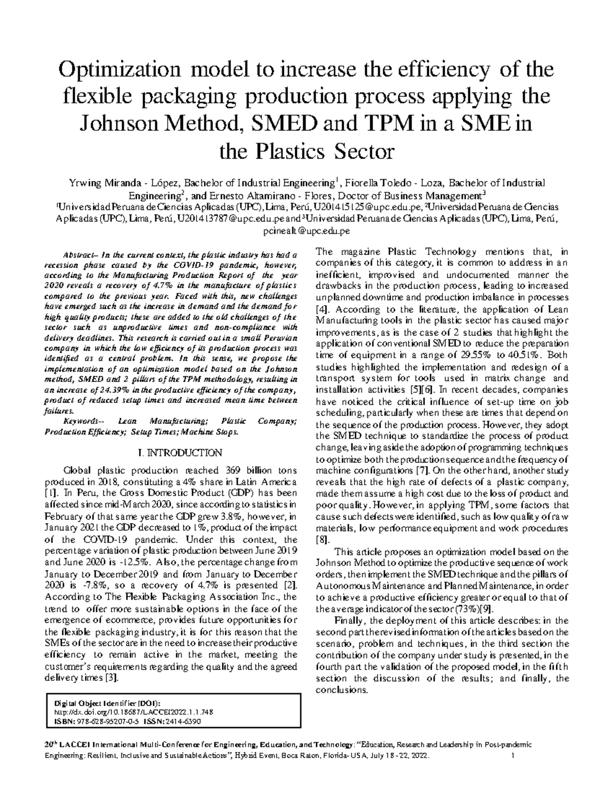Optimization model to increase the efficiency of the flexible packaging ...