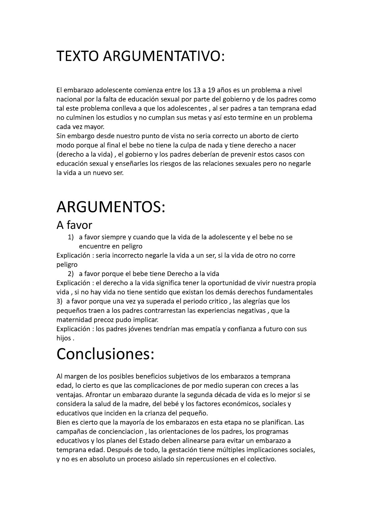 Tesis 1 - pa todos - TEXTO ARGUMENTATIVO: El embarazo adolescente ...